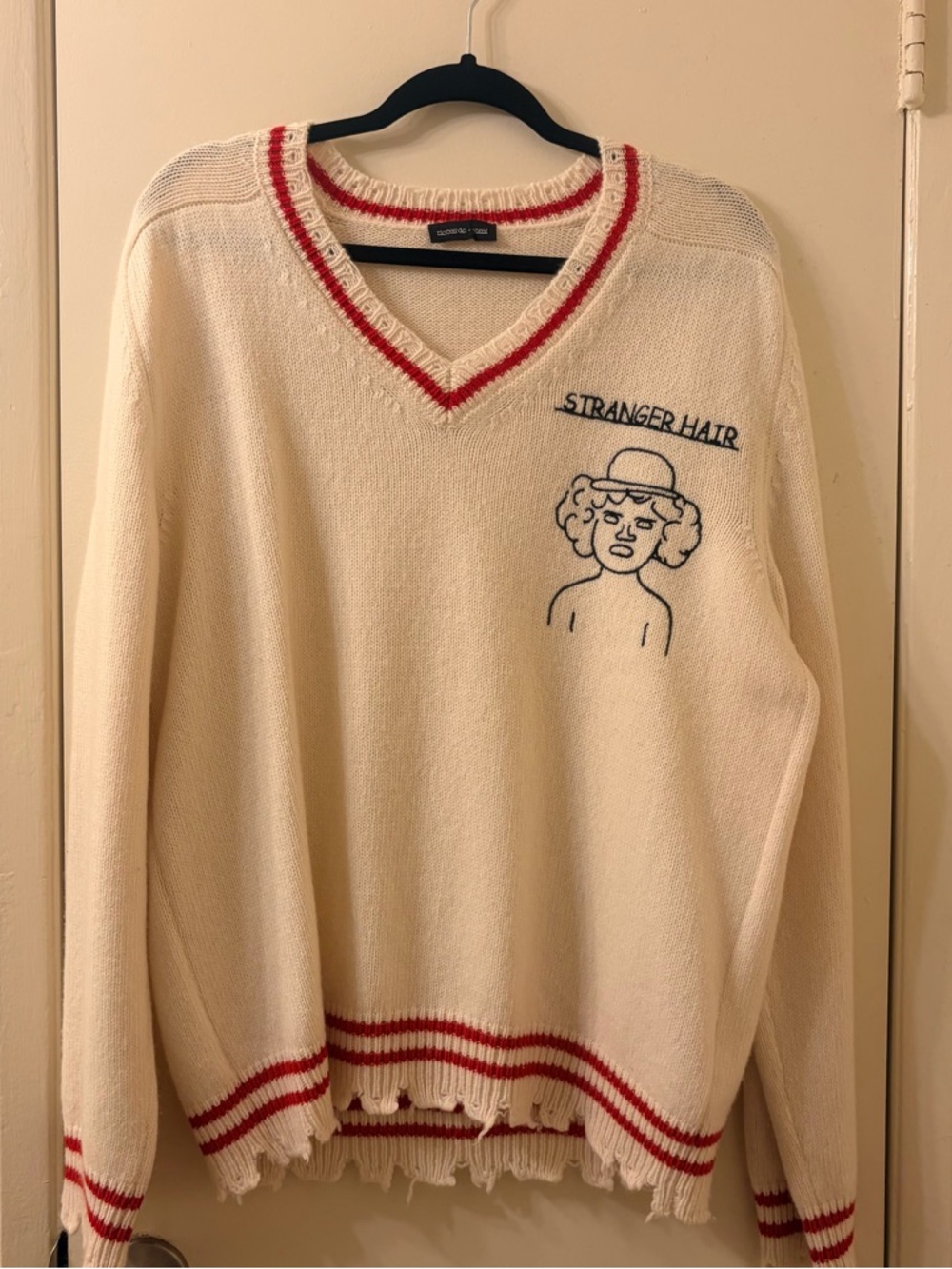 Riccardo Comi Stranger Hair Cream V-Neck Sweater with Red Trim